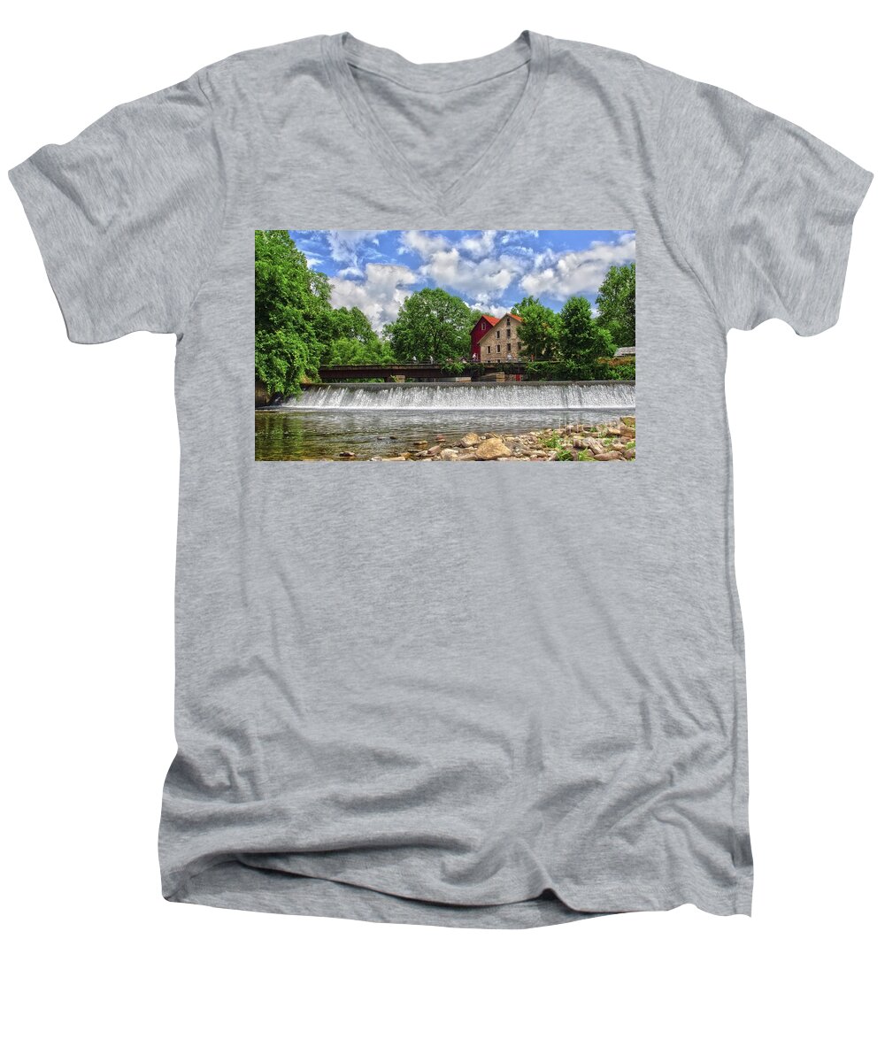 Prallsville Mill Men's V-Neck T-Shirt featuring the photograph A view of the Mill from the River by Debra Fedchin