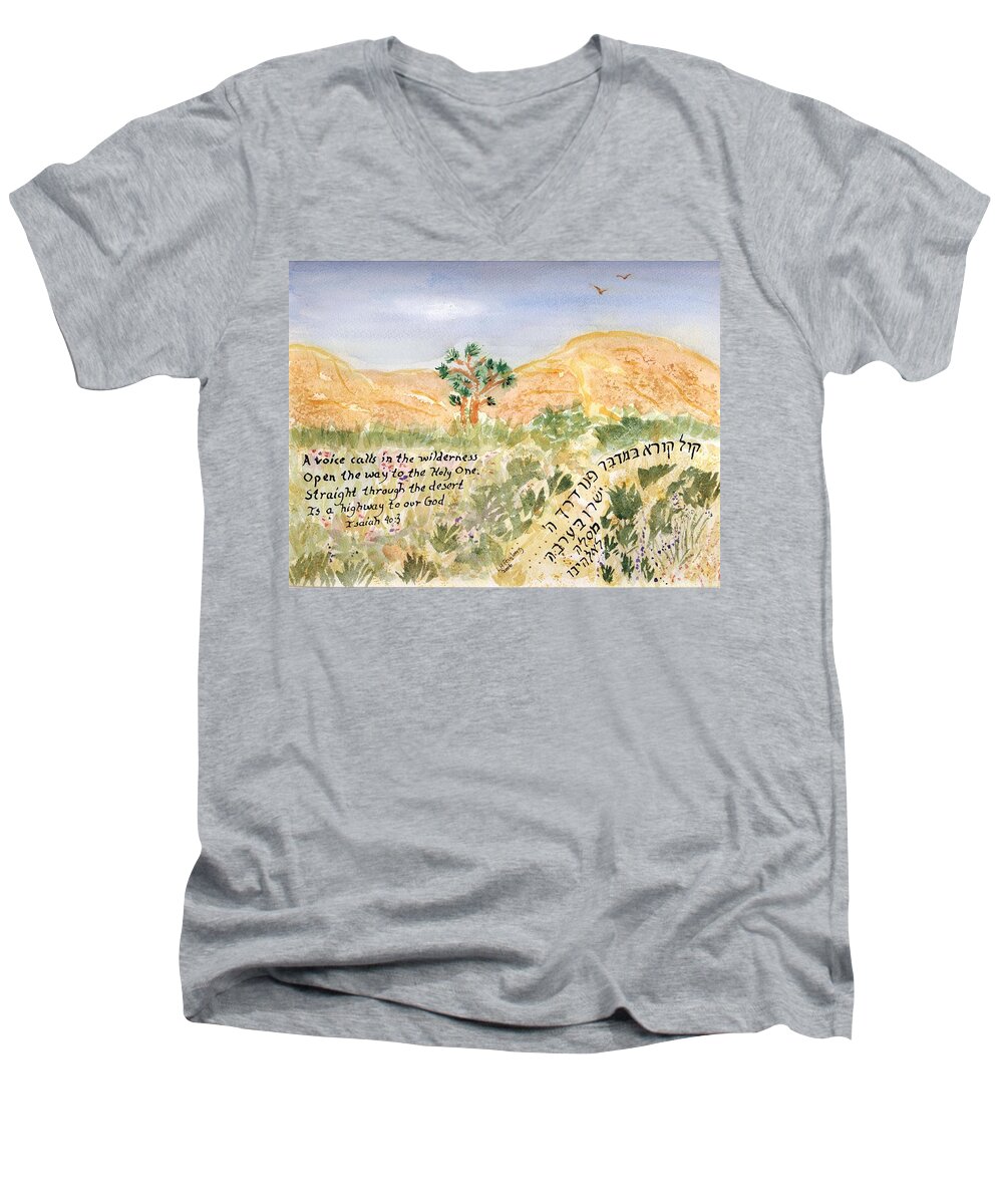 Desert Men's V-Neck T-Shirt featuring the painting A voice calls by Linda Feinberg