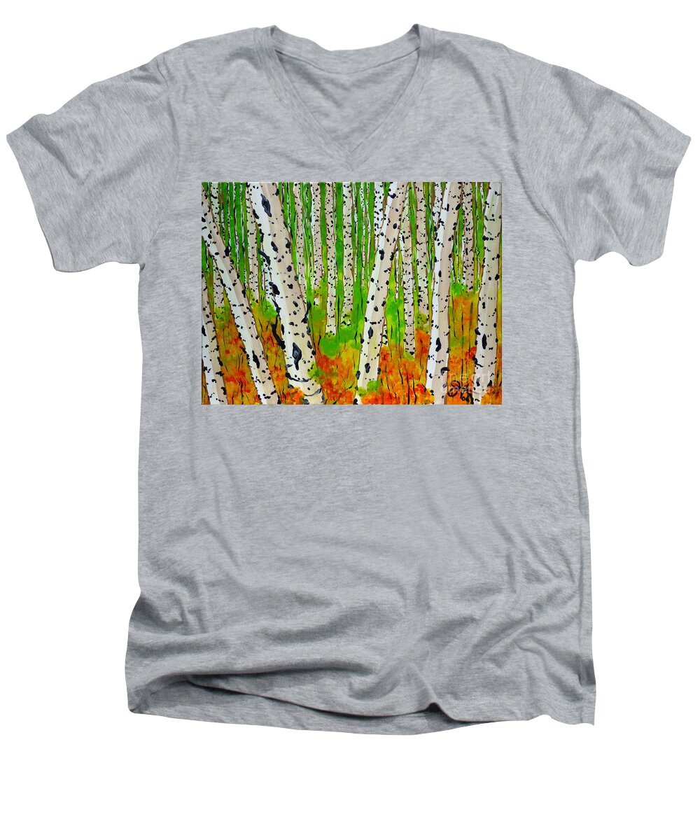 Aspen Men's V-Neck T-Shirt featuring the painting A Walk Though The Trees Aspen Quaking Quakies Tree Grove Rocky Mountains Jackie Carpenter by Jackie Carpenter