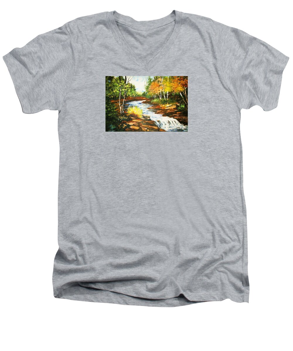 Forest Men's V-Neck T-Shirt featuring the painting A Winding Creek in Autumn by Al Brown