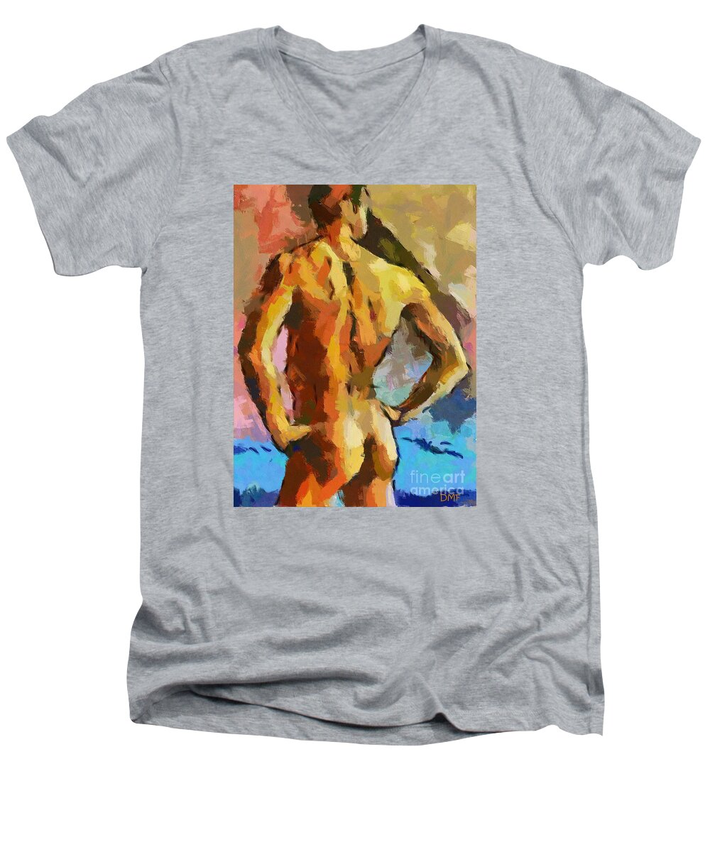 Nude Men's V-Neck T-Shirt featuring the painting A Young Man by Dragica Micki Fortuna