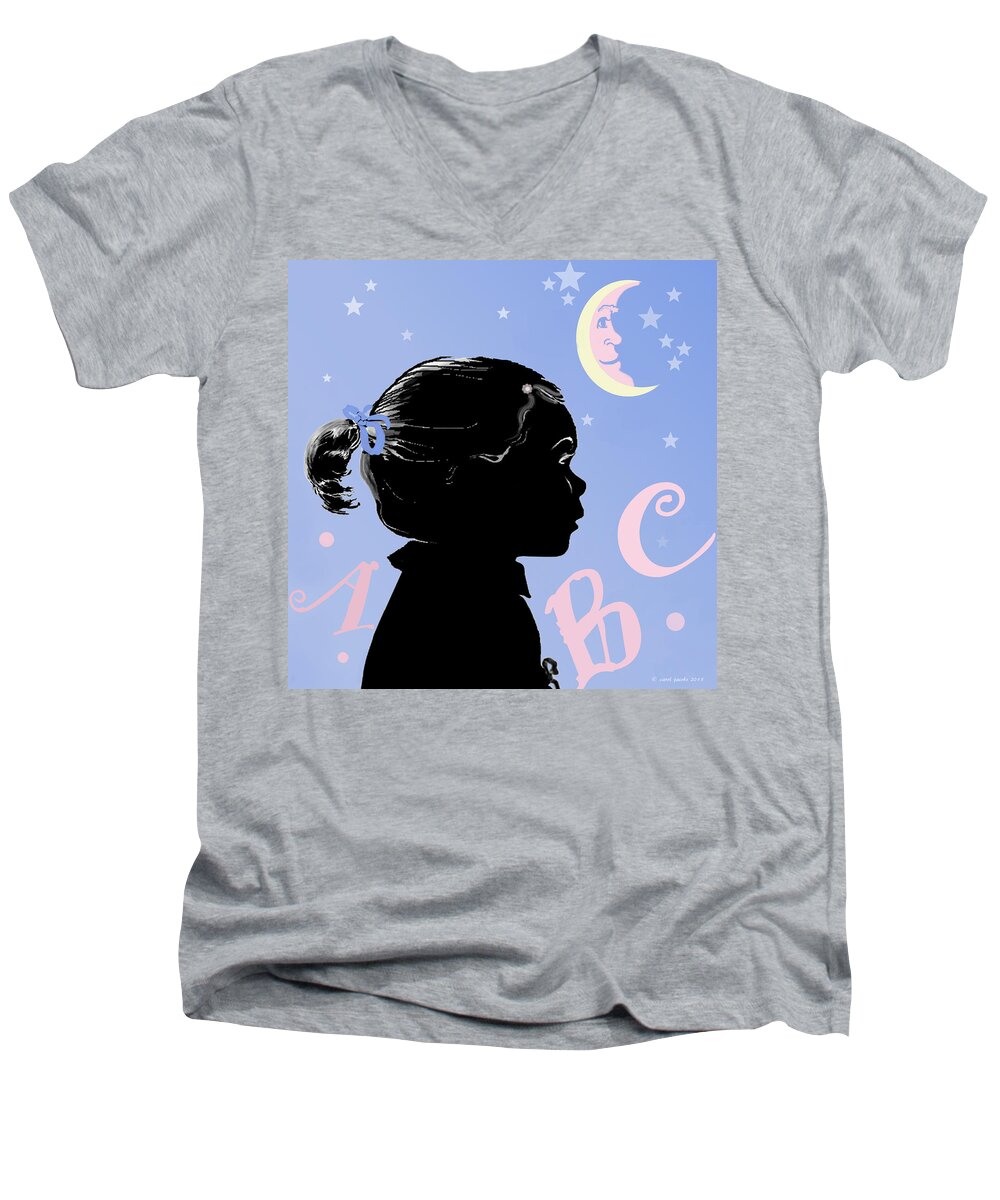 Silhouette Men's V-Neck T-Shirt featuring the painting ABC - The Moon and Me by Carol Jacobs
