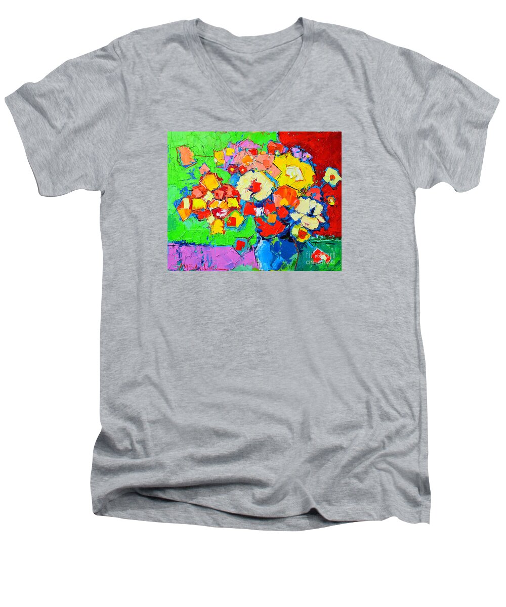 Abstract Men's V-Neck T-Shirt featuring the painting Abstract Colorful Flowers by Ana Maria Edulescu