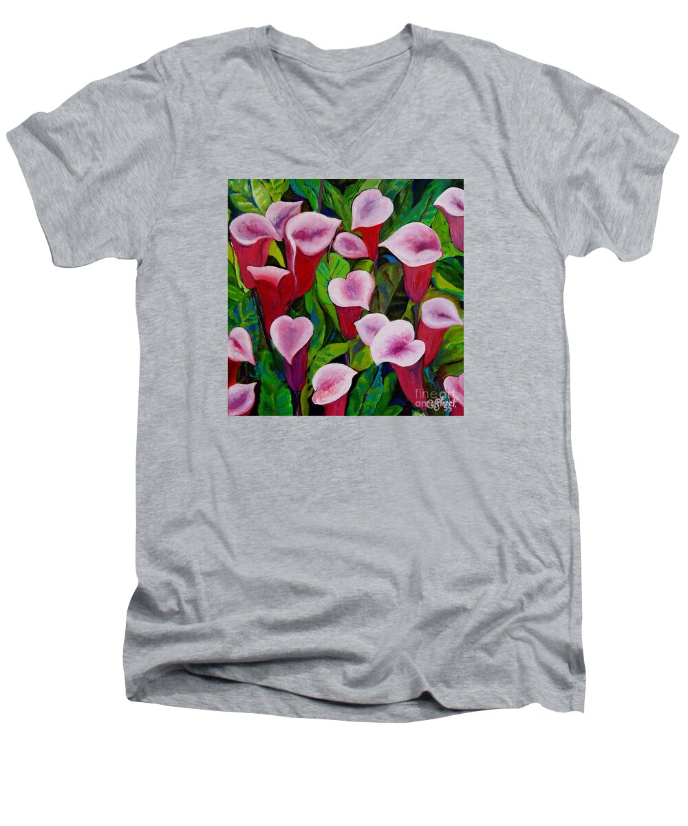 Lily Men's V-Neck T-Shirt featuring the painting Abstract Pink Calla Lily by Caroline Street