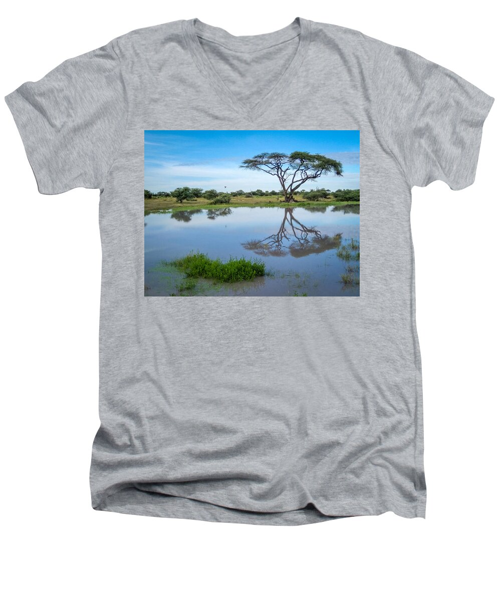 100324 Botswana & Zimbabwe Expeditions Men's V-Neck T-Shirt featuring the photograph Acacia Tree by Gregory Daley MPSA