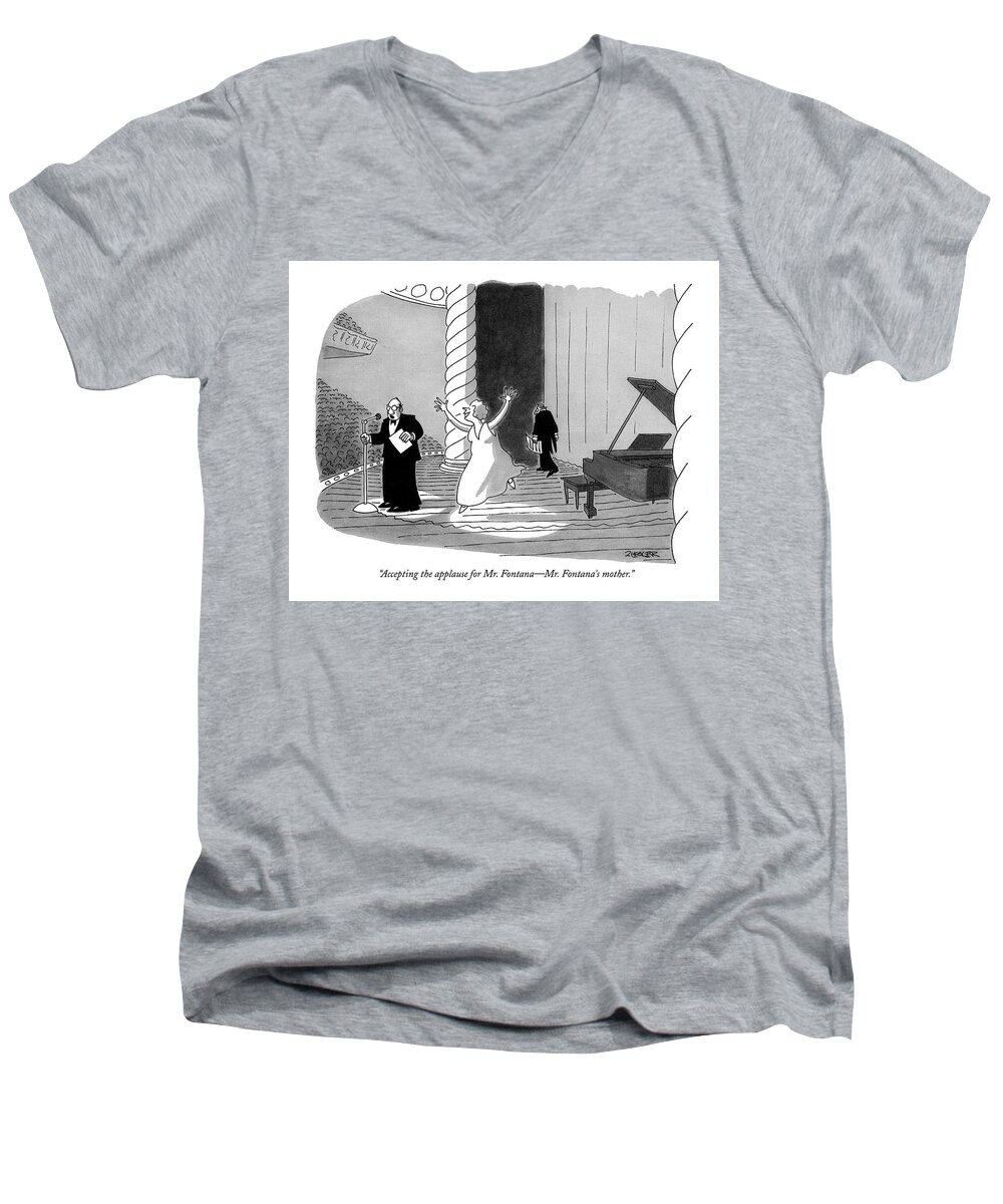 
 (announcer On Stage As Woman Dances Toward Microphone. ) Music Men's V-Neck T-Shirt featuring the drawing Accepting The Applause For Mr. Fontana - Mr by Jack Ziegler