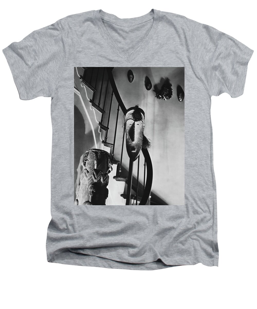 Art Men's V-Neck T-Shirt featuring the photograph African Masks And Drums In Eugene O'neill's by Anton Bruehl