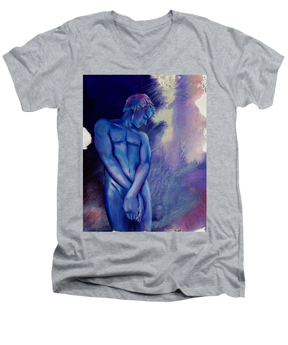 Male Figure Drawing Men's V-Neck T-Shirt featuring the painting After Midnight by Rene Capone