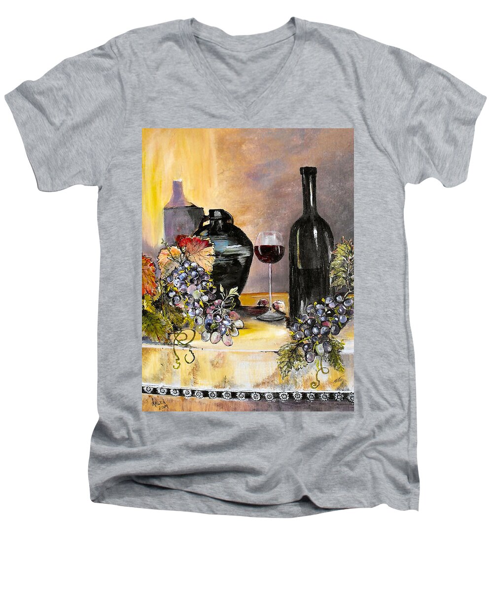 Fine Wine Men's V-Neck T-Shirt featuring the painting Bottles of time by Arlen Avernian - Thorensen