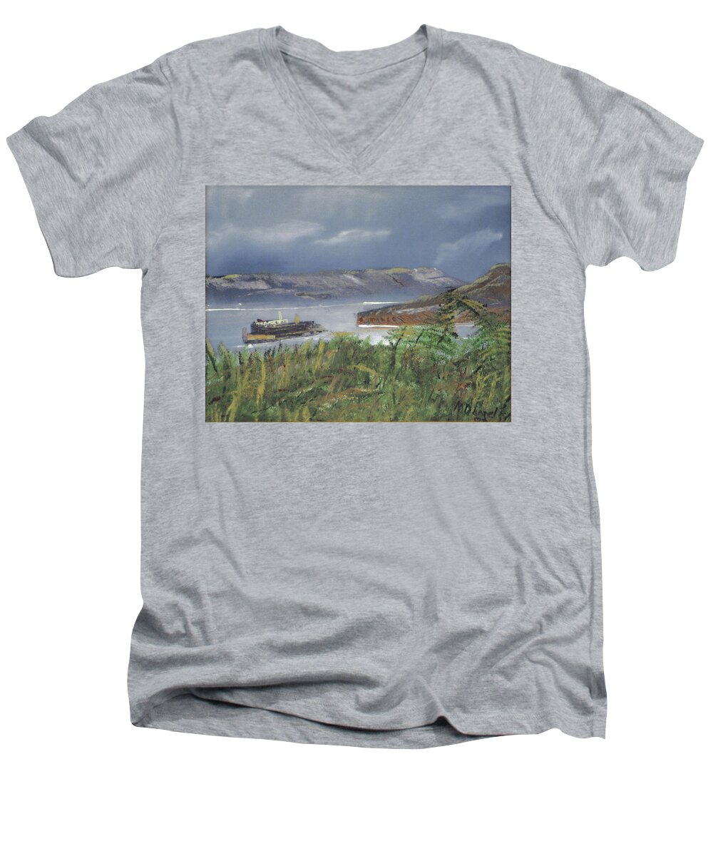 San Francisco California Ca Sf Alcatraz Fog Moody Storm Cloud Bay Water Rock Men's V-Neck T-Shirt featuring the painting Alcatraz by Michael Daniels
