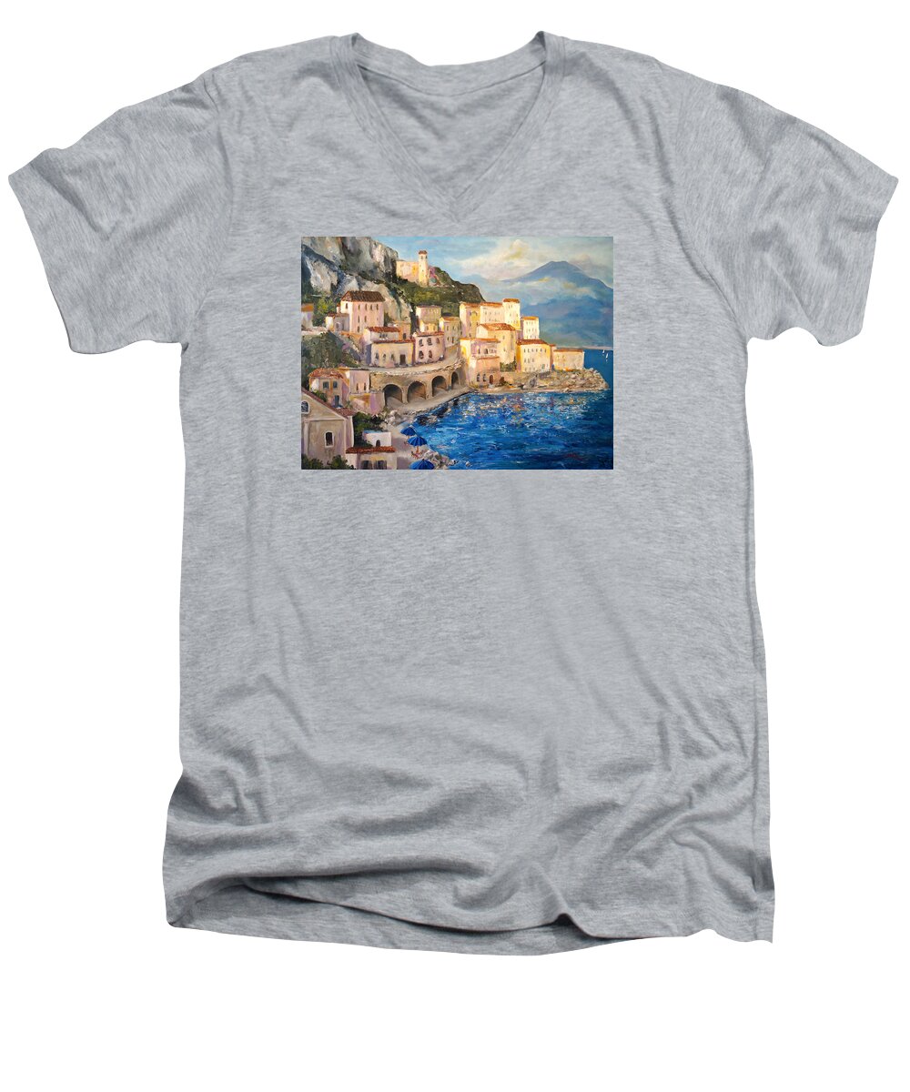 Amalfi Coast Men's V-Neck T-Shirt featuring the painting Amalfi Coast Highway by Alan Lakin