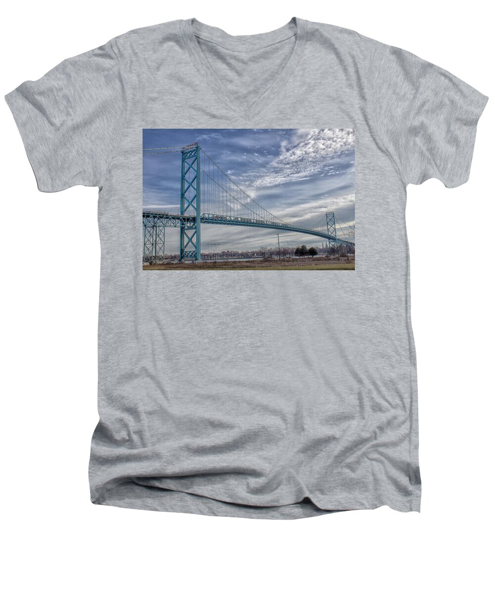 Canada Men's V-Neck T-Shirt featuring the photograph Ambassador Bridge from Detroit MI to Windsor Canada by Peter Ciro