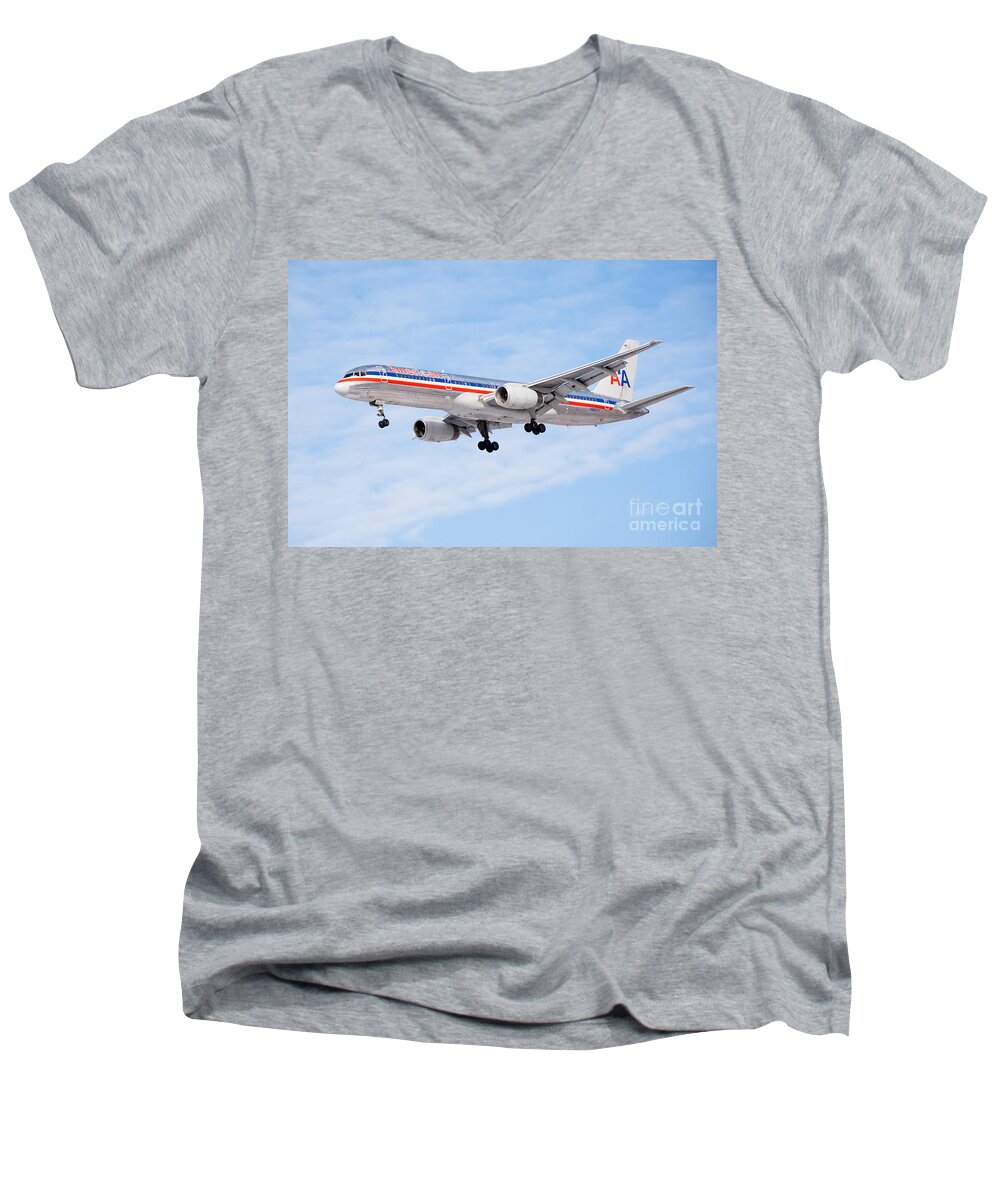 757 Men's V-Neck T-Shirt featuring the photograph Amercian Airlines Boeing 757 Airplane Landing by Paul Velgos