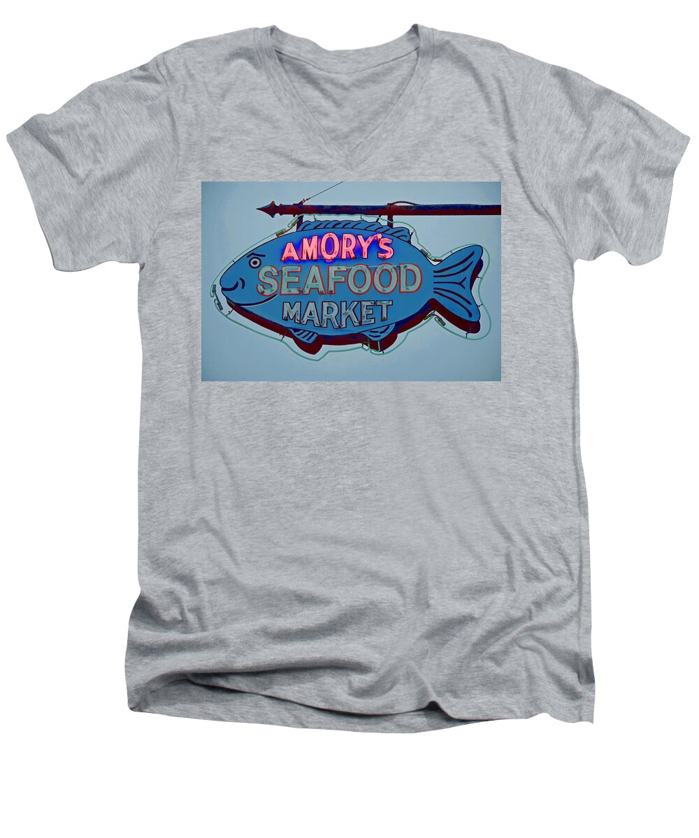 Amory Men's V-Neck T-Shirt featuring the photograph Amory Seafood Sign by Jerry Gammon