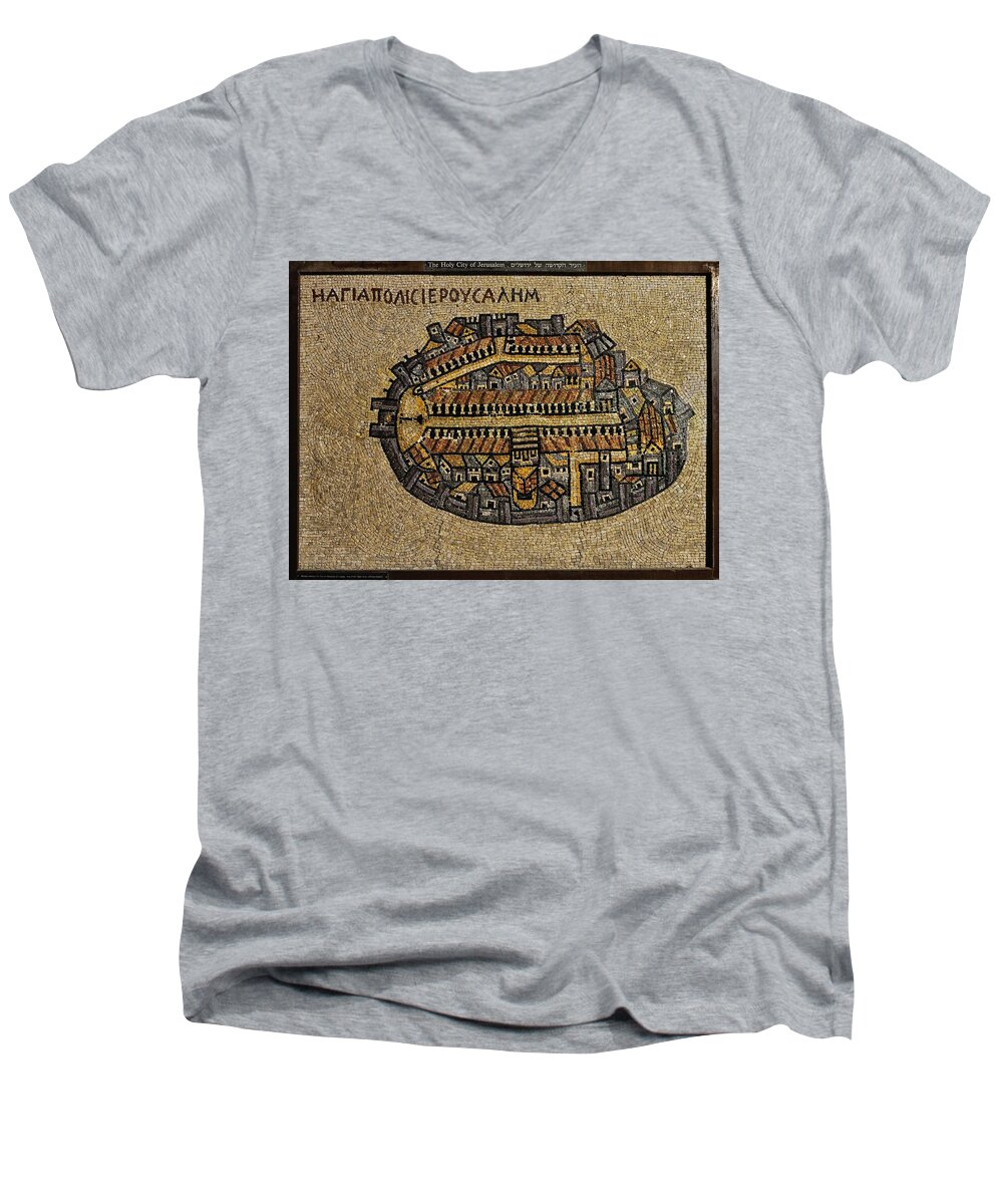 Israel Men's V-Neck T-Shirt featuring the photograph Ancient Jerusalem Mosaic Map Color Framed by Mark Fuller