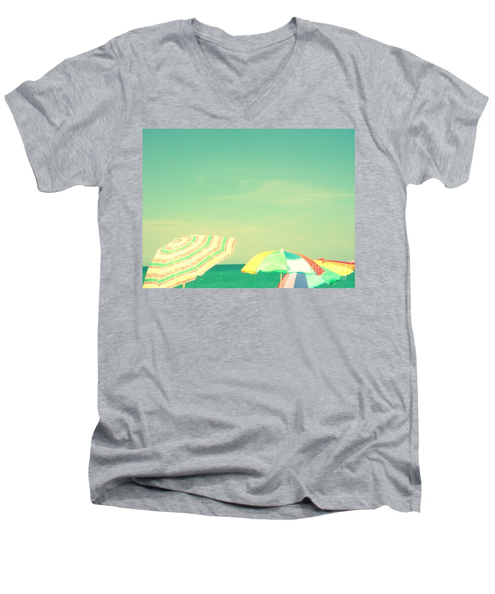 Aqua Men's V-Neck T-Shirt featuring the digital art Aqua Sky with Umbrellas by Valerie Reeves