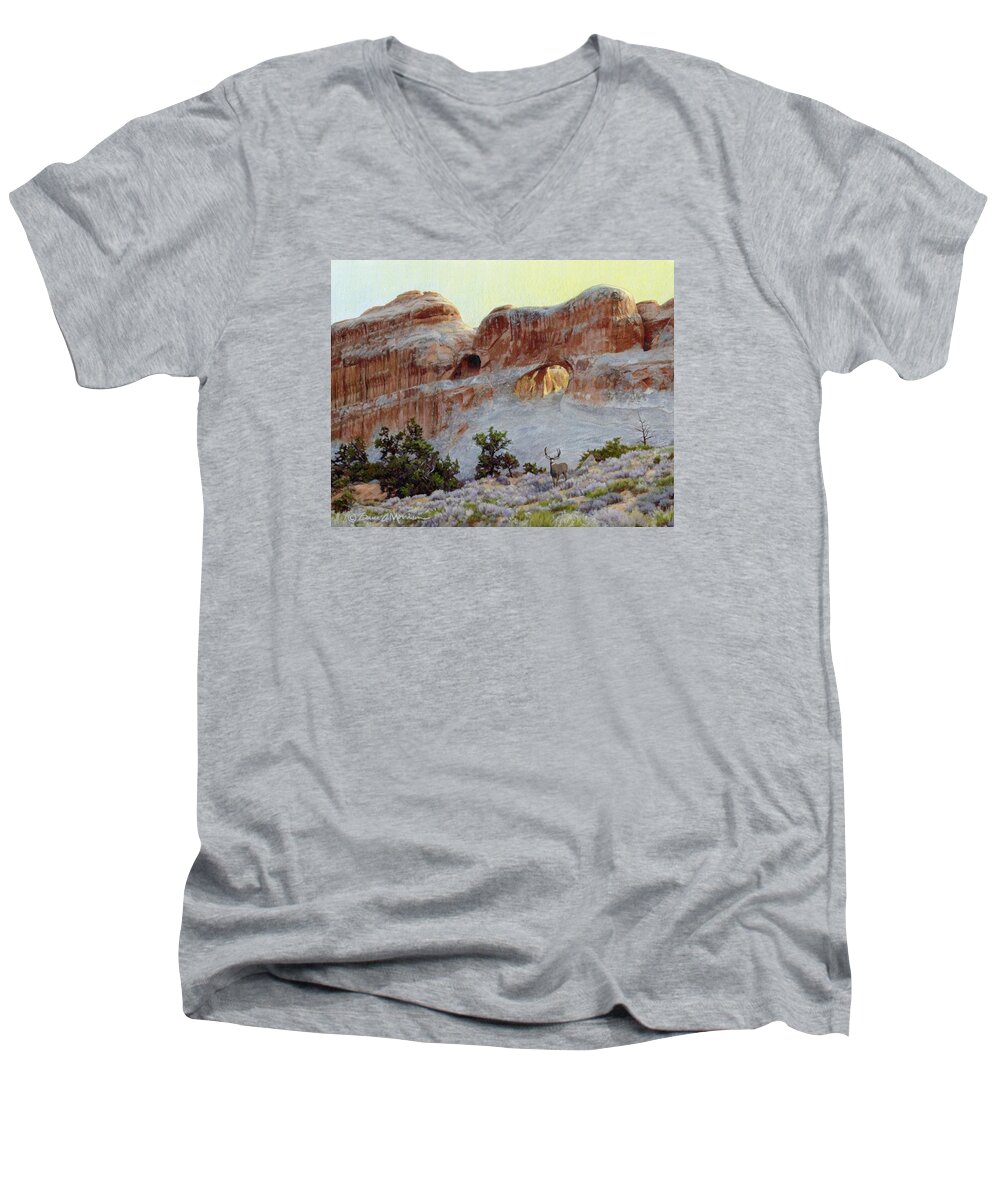 Arches National Park Men's V-Neck T-Shirt featuring the drawing Arches Mulie by Bruce Morrison
