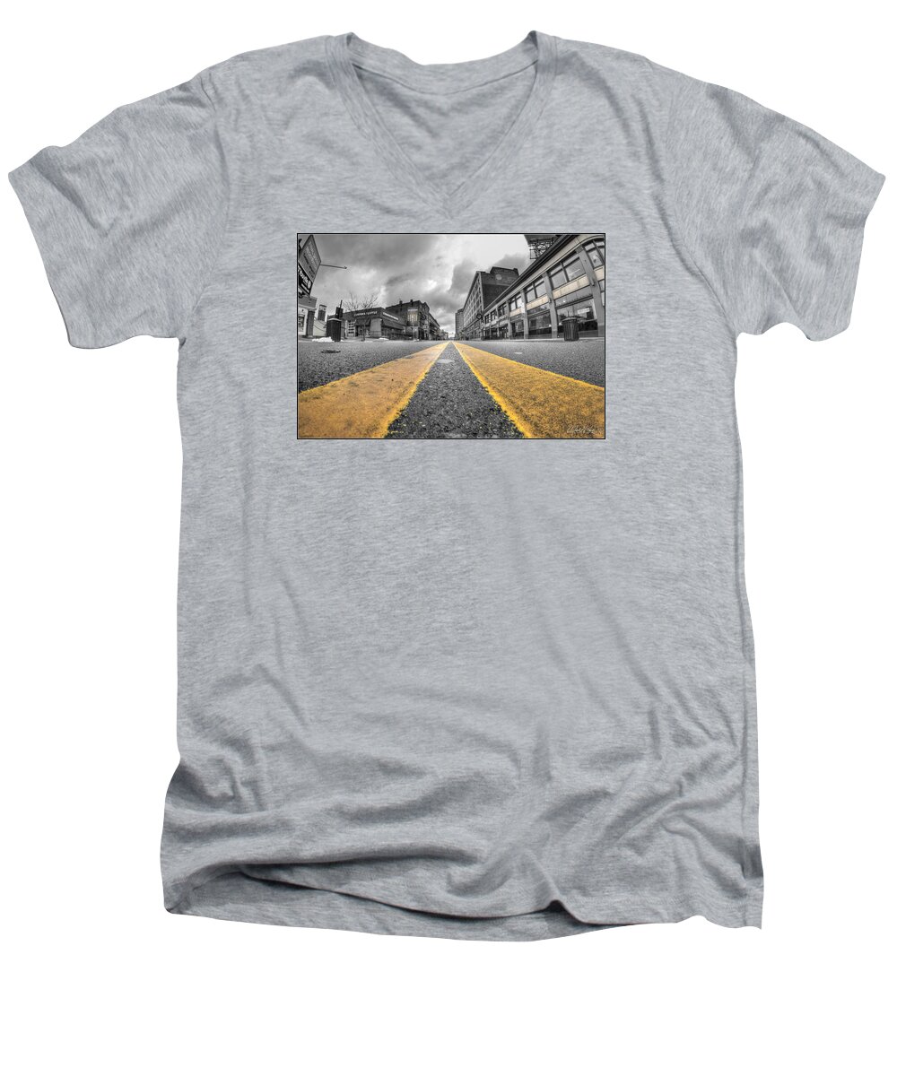 Architecture Men's V-Neck T-Shirt featuring the photograph Architecture and Places in the Q.C. Series Down the Chipp Strip by Michael Frank Jr
