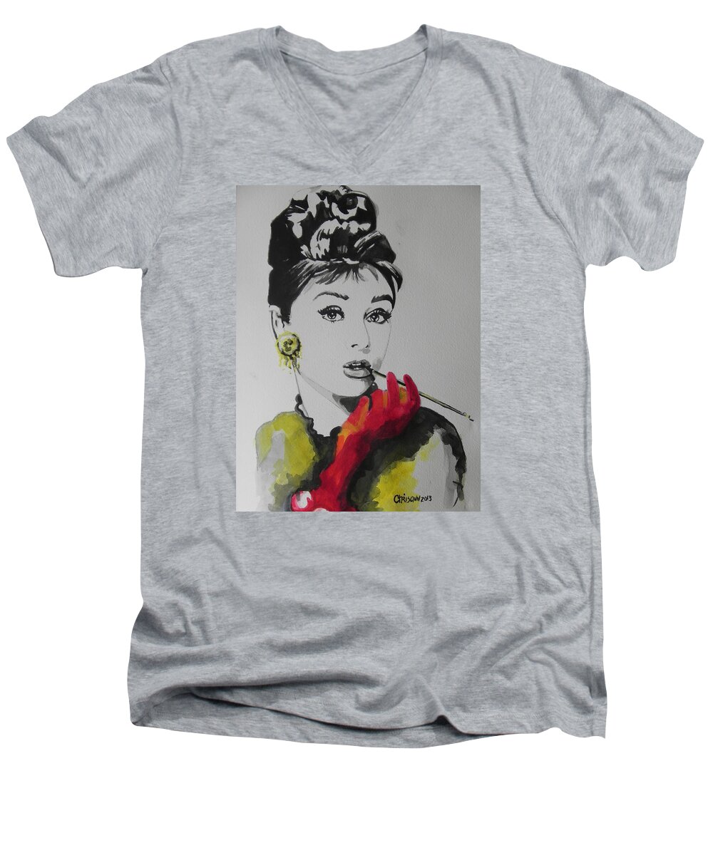 Watercolor Painting Men's V-Neck T-Shirt featuring the painting Audrey Hepburn by Chrisann Ellis