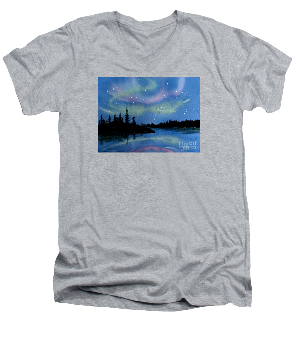 Northern Lights Men's V-Neck T-Shirt featuring the painting Aurora by Lynn Quinn