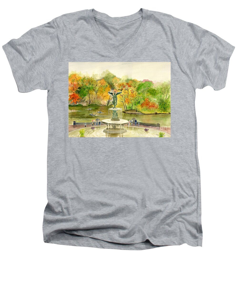 Autumn Central Park Ny Men's V-Neck T-Shirt featuring the painting Autumn at Central Park NY by Melly Terpening