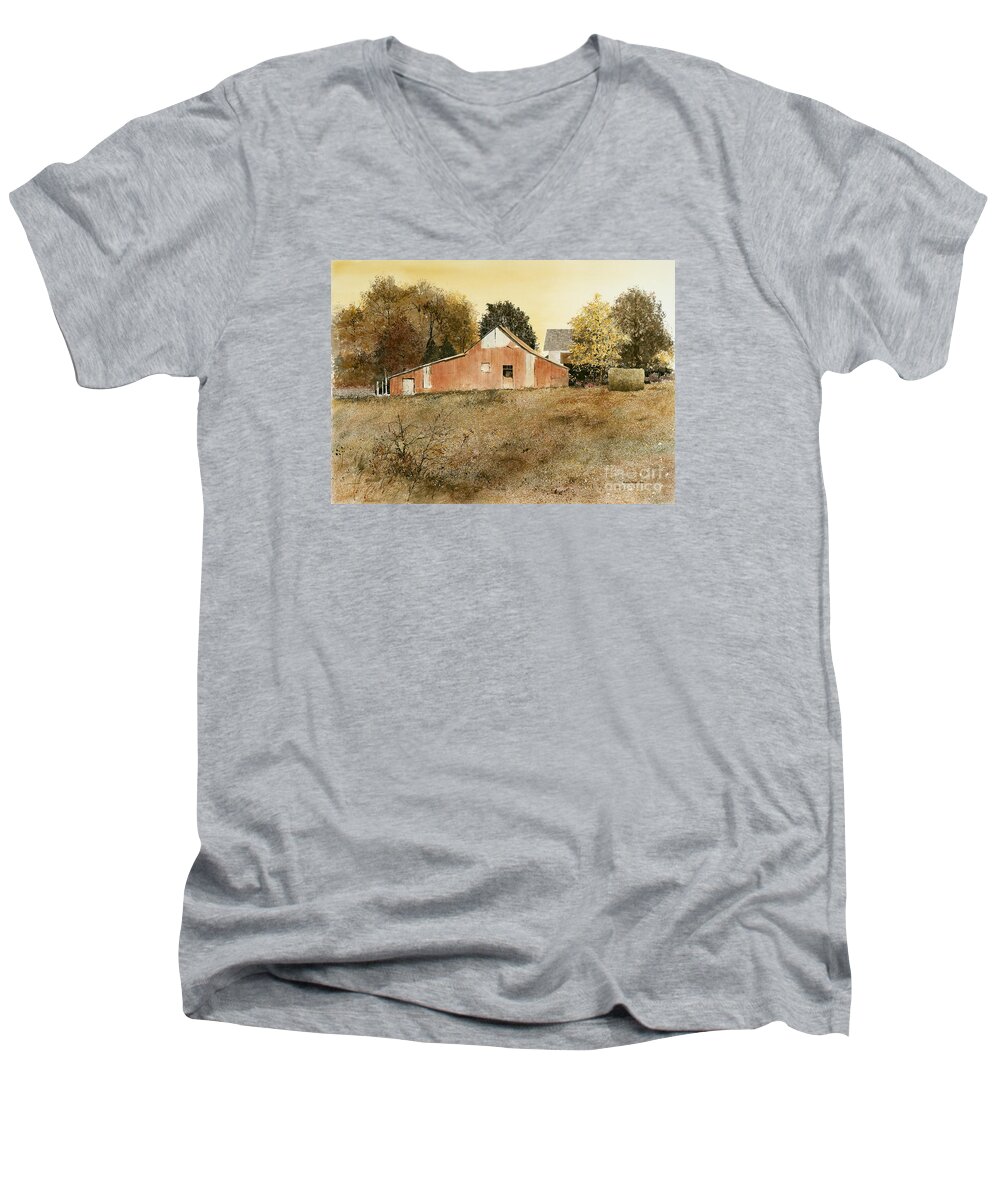 A Rustic Barn Stands At The Edge Of A Brittle Brown Field Of Autumn Grasses. It Is A Sunshine Filled Day On This Old Farm Northeast Of Little Rock Men's V-Neck T-Shirt featuring the painting Autumn Glow by Monte Toon