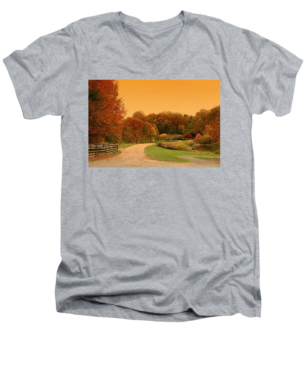 Autumn Men's V-Neck T-Shirt featuring the photograph Autumn In The Park - Holmdel Park by Angie Tirado