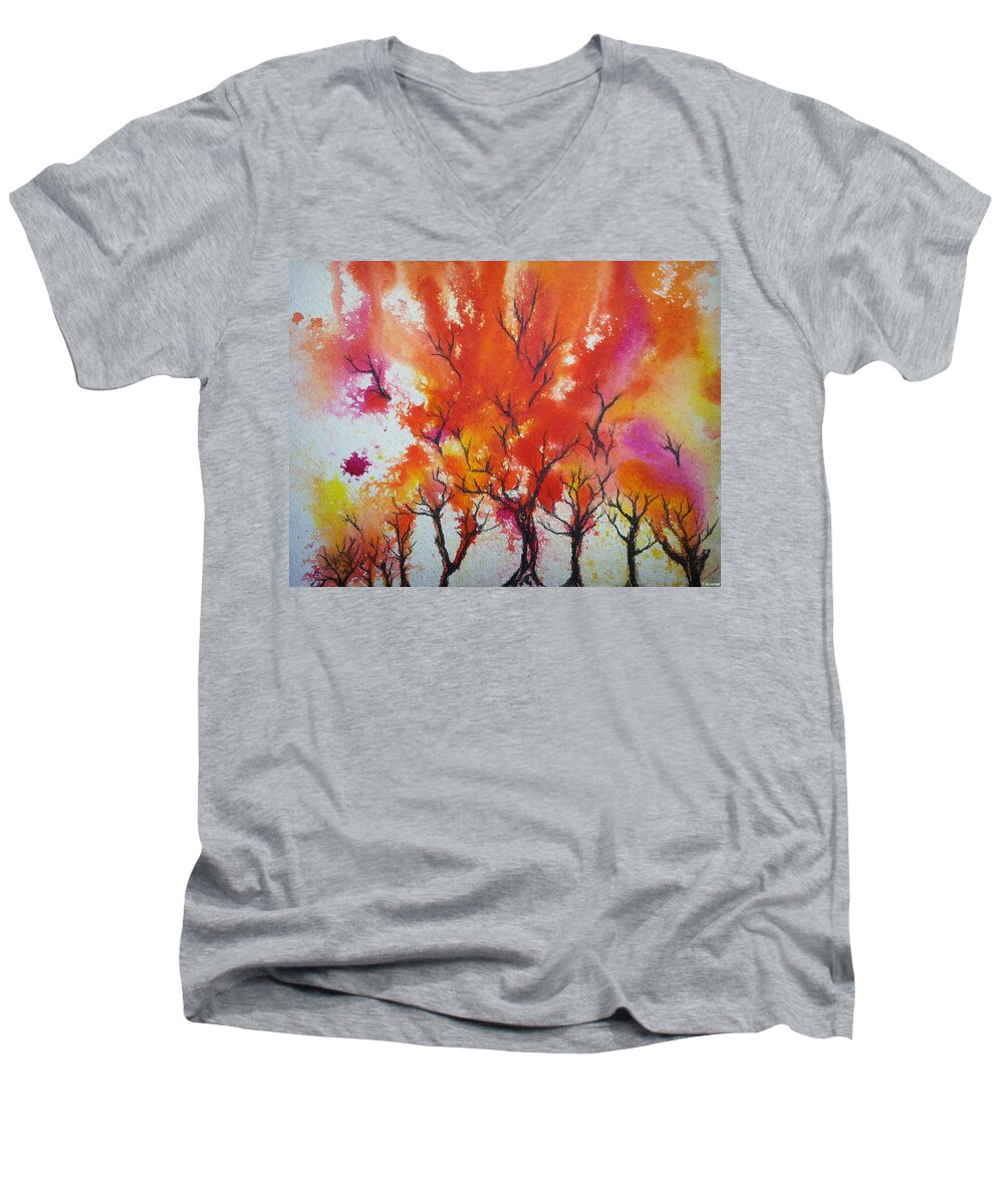 Fall Autumn Colorful Trees Landscape Abstract Red Orange Yellow Fuchsia Men's V-Neck T-Shirt featuring the painting Autumn Riot by Brenda Salamone
