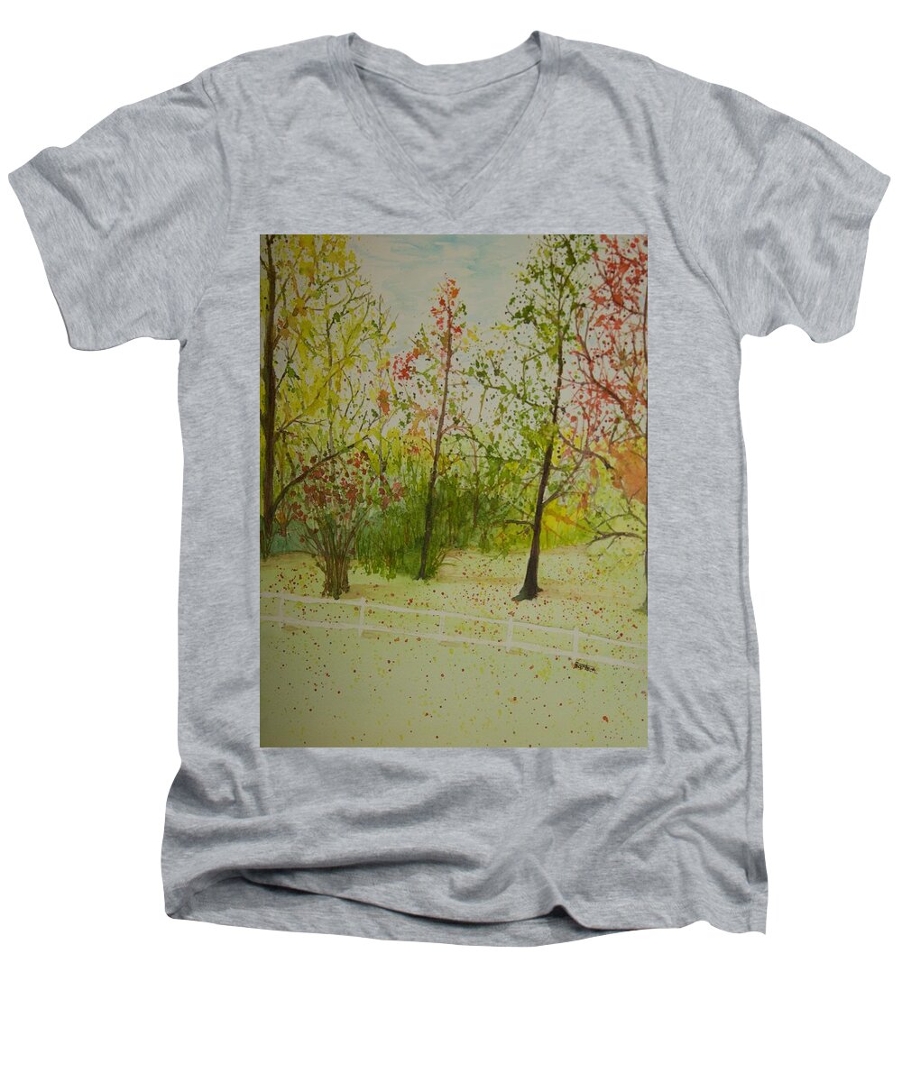 Landscape Men's V-Neck T-Shirt featuring the painting Autumn Scenery by David Bartsch