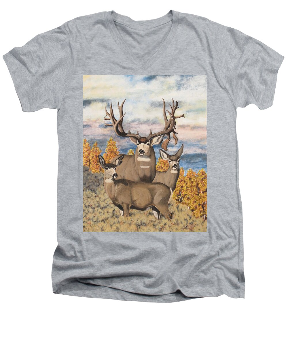 Mule Deer Men's V-Neck T-Shirt featuring the painting Avery Buck by Darcy Tate