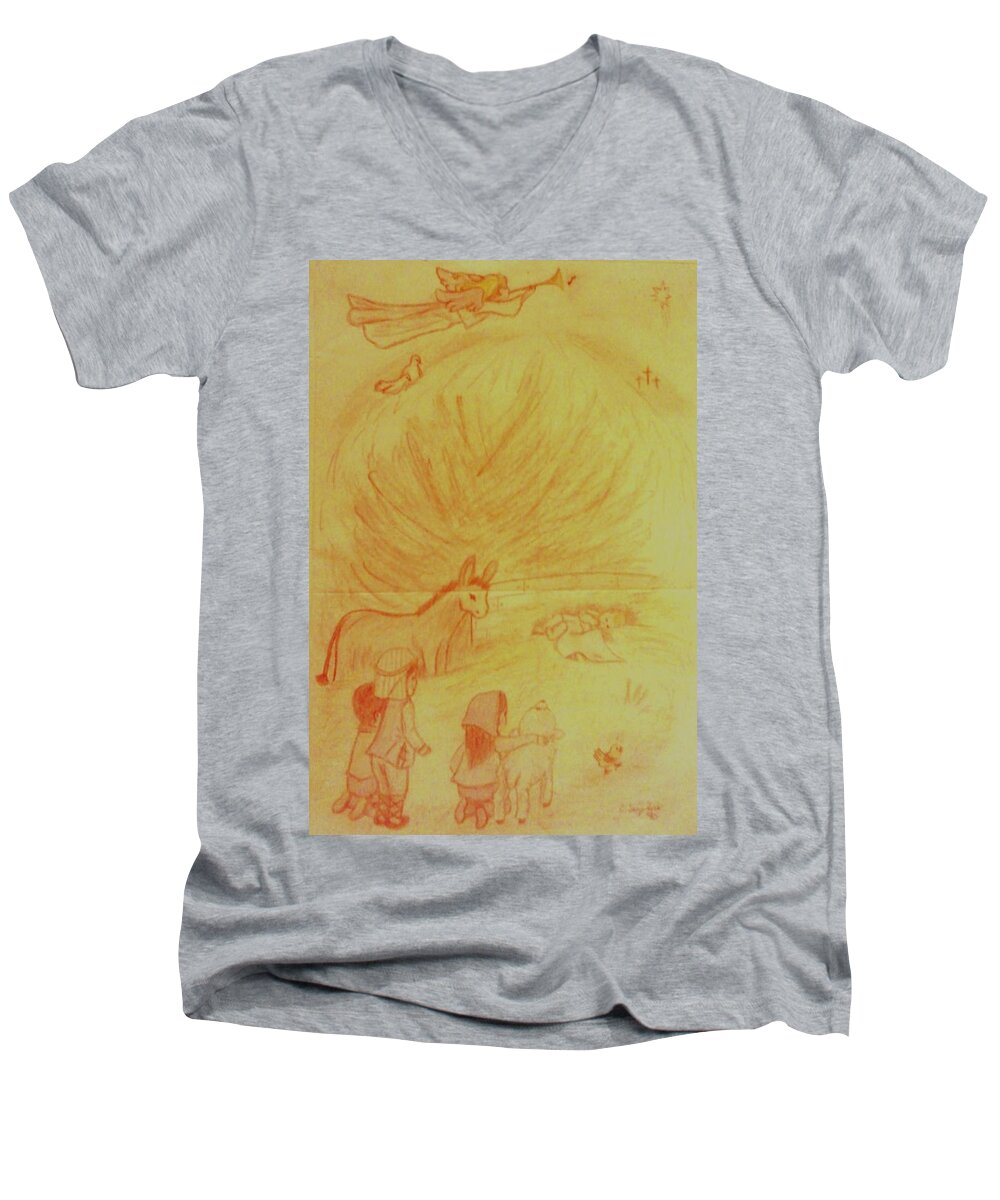 Jesus Men's V-Neck T-Shirt featuring the drawing Away in a Manger by Christy Saunders Church