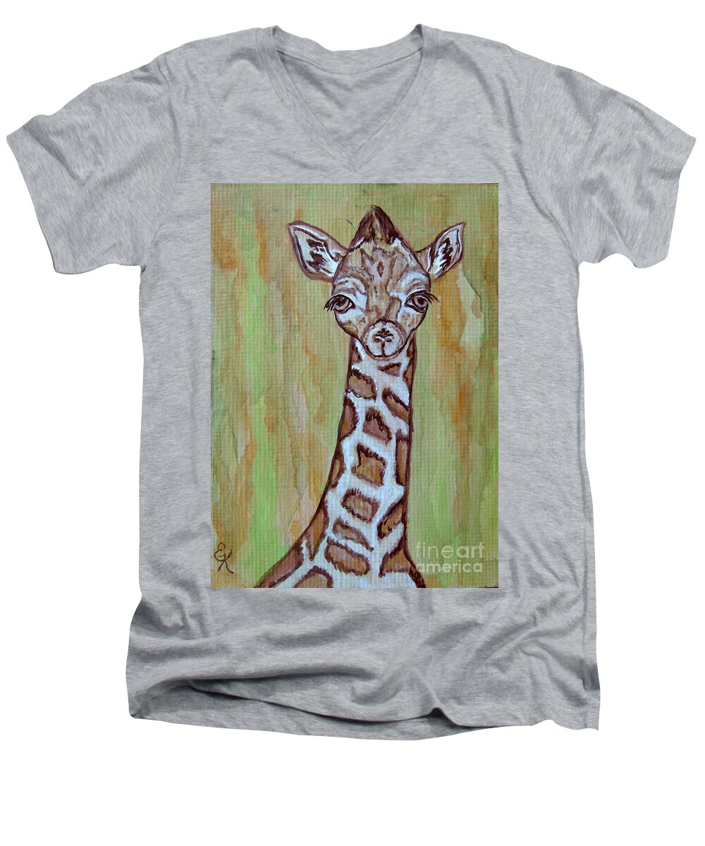 Baby Men's V-Neck T-Shirt featuring the painting Baby Longneck Giraffe by Ella Kaye Dickey
