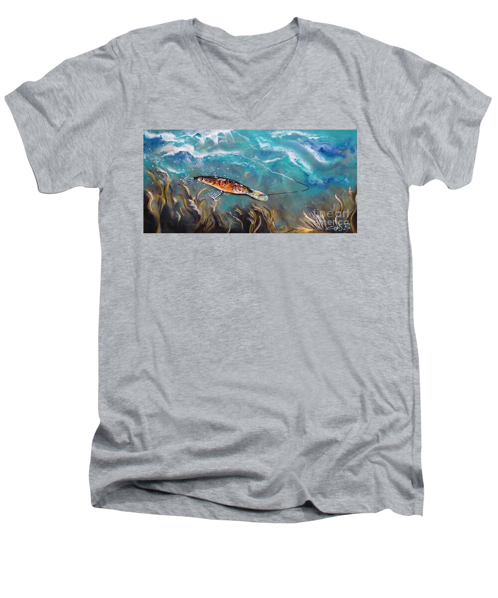 Fishing Men's V-Neck T-Shirt featuring the painting Bagley's Deep Dive by Chad Berglund