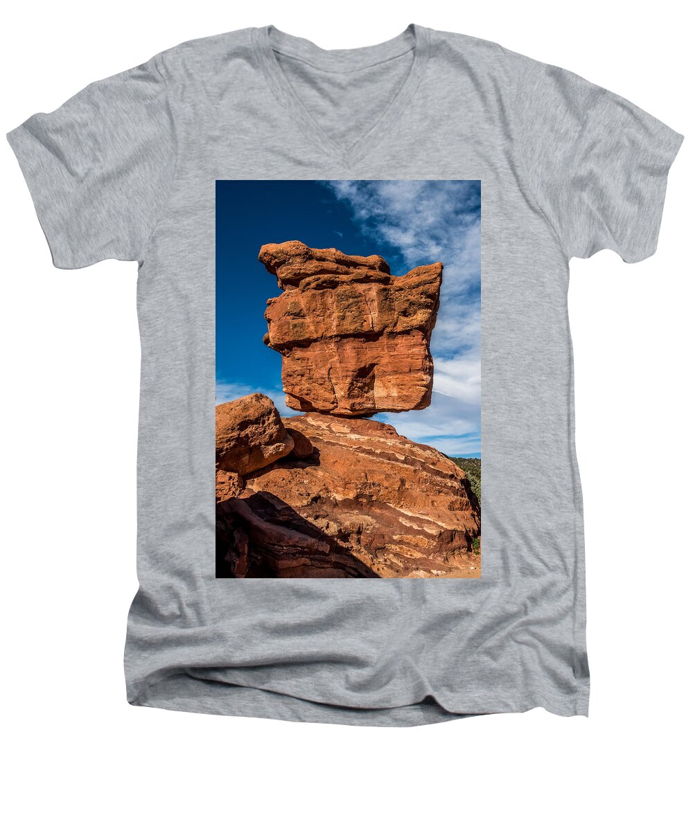 Balanced Rock Men's V-Neck T-Shirt featuring the photograph Balanced rock garden of the gods by Paul Freidlund