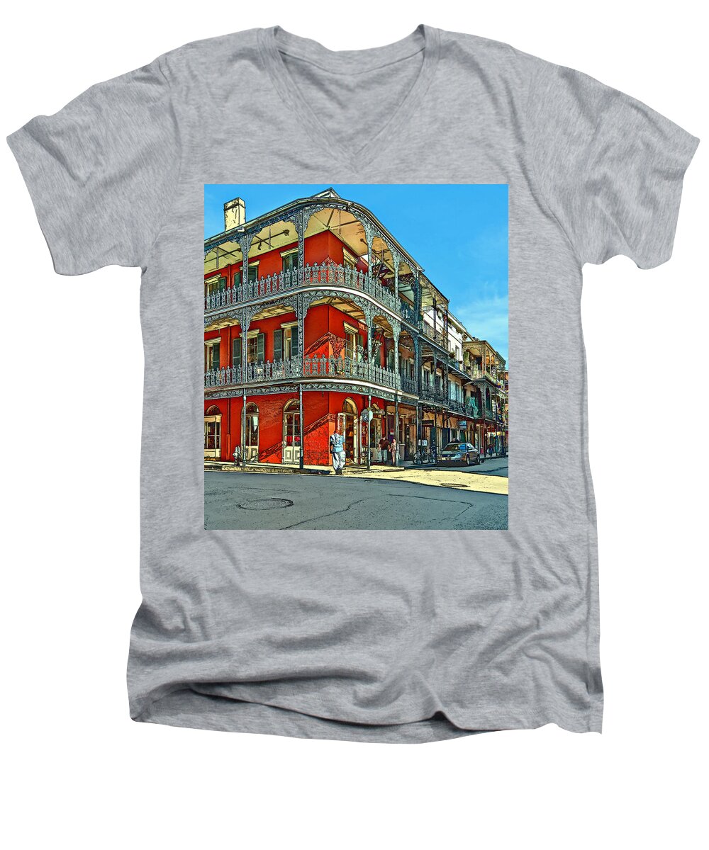 French Quarter Men's V-Neck T-Shirt featuring the photograph Balconies painted by Steve Harrington