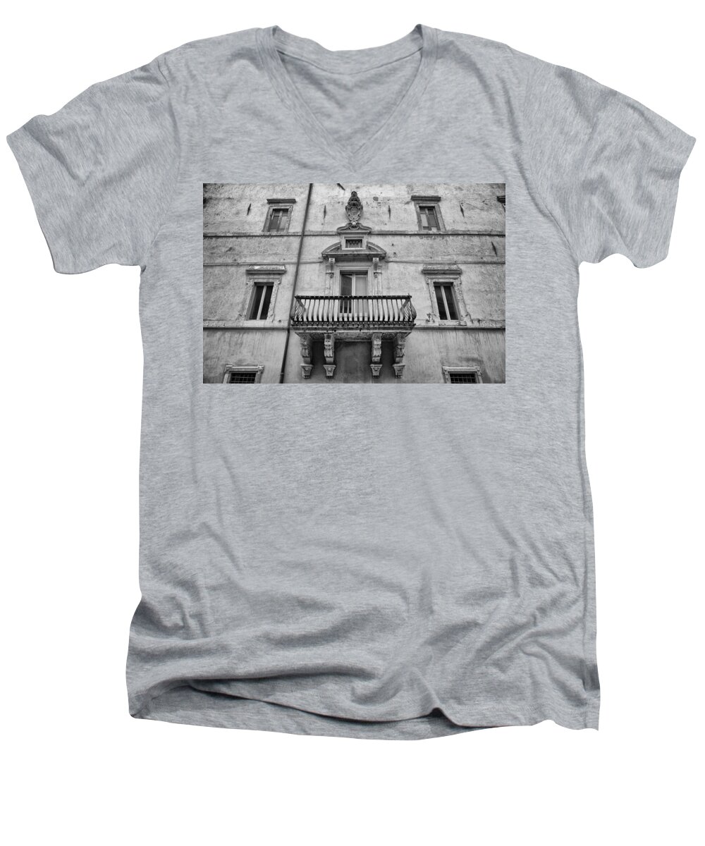 Facade Men's V-Neck T-Shirt featuring the photograph Balcony in Assisi by Pablo Lopez