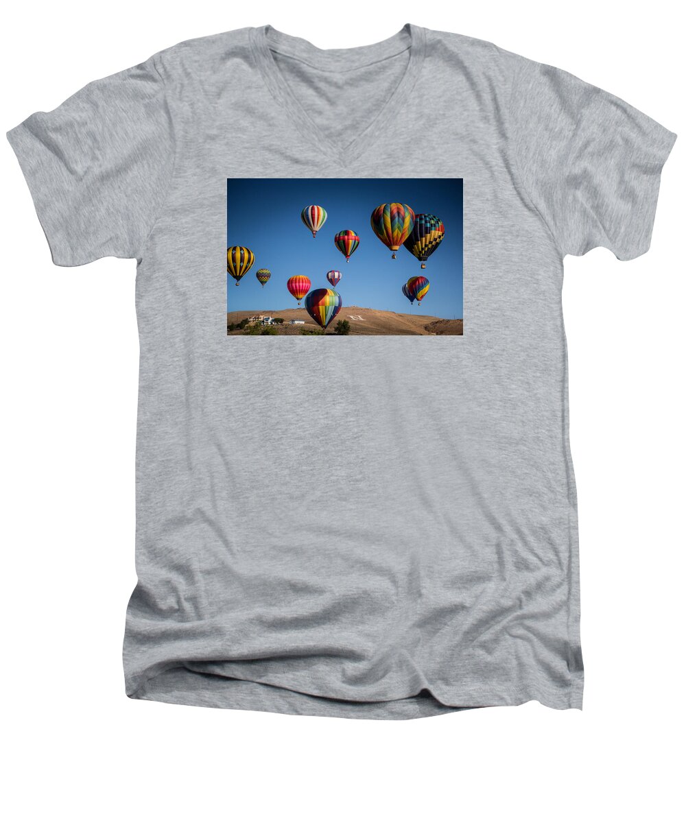 Reno Nevada Men's V-Neck T-Shirt featuring the photograph Balloons over Northern Nevada by Janis Knight