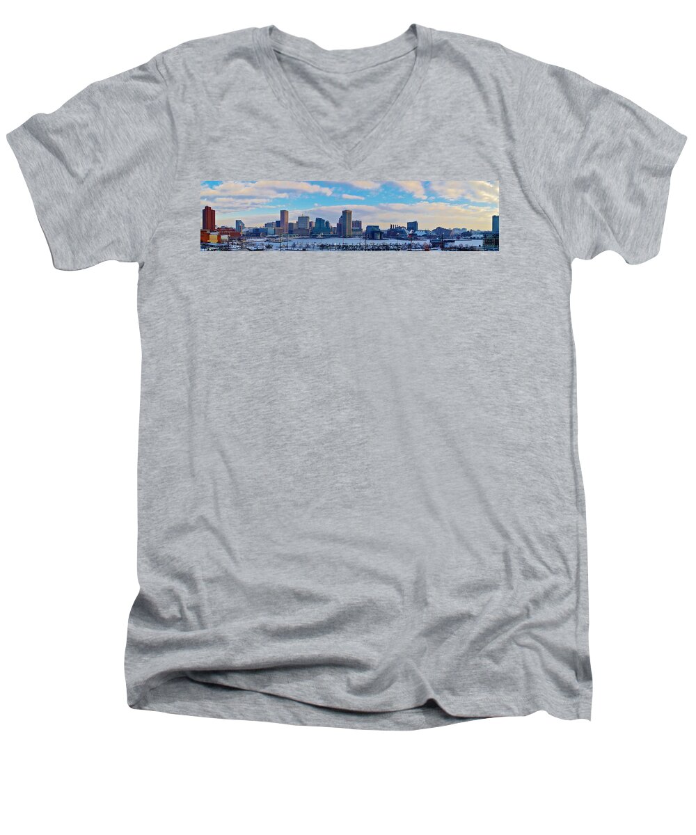 Beach Bum Pics Men's V-Neck T-Shirt featuring the photograph Baltimore Frozen Harbor Skyline a seen in this winter shot from atop Federal Hill by Billy Beck