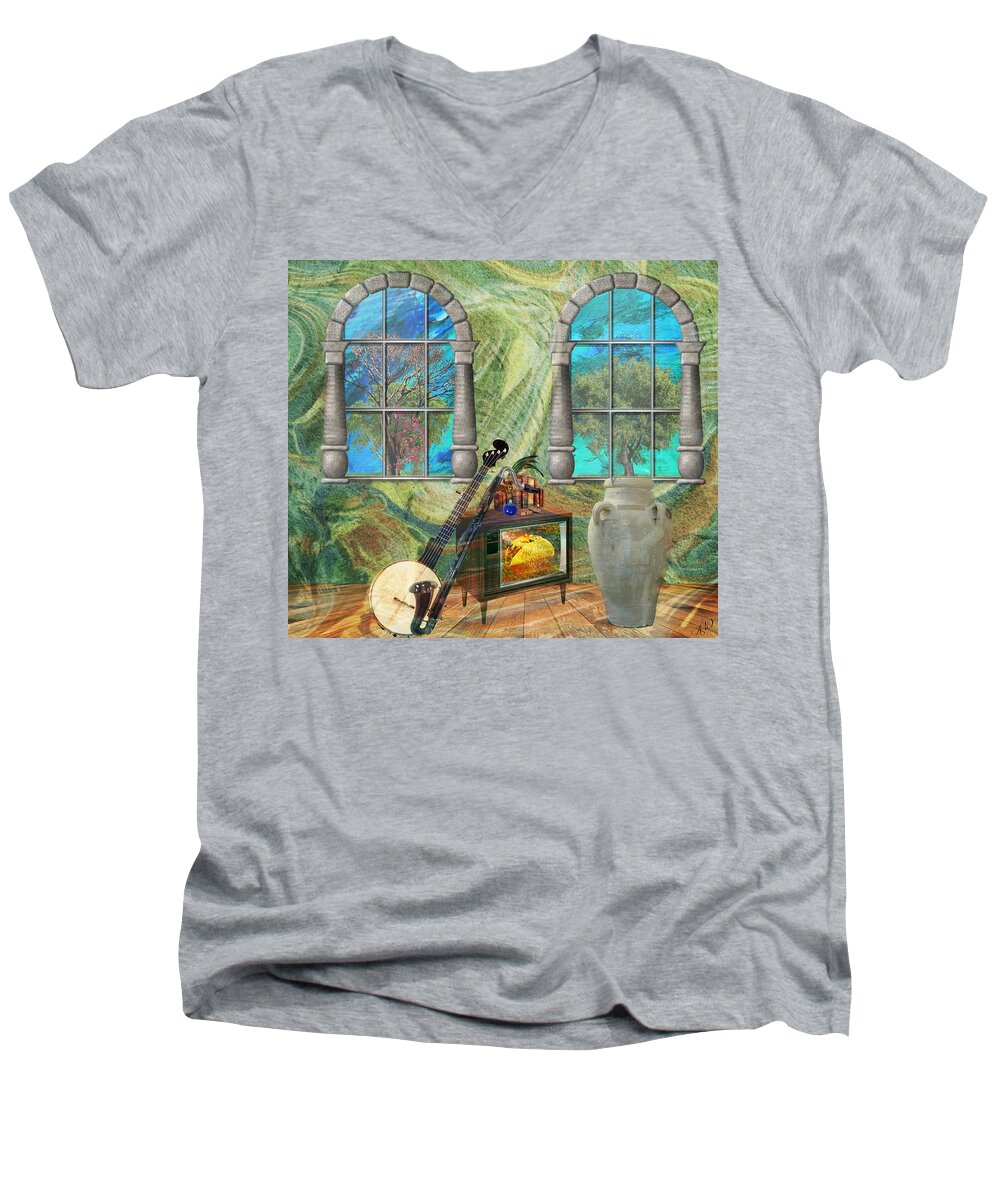 Banjo Men's V-Neck T-Shirt featuring the mixed media Banjo Room by Ally White