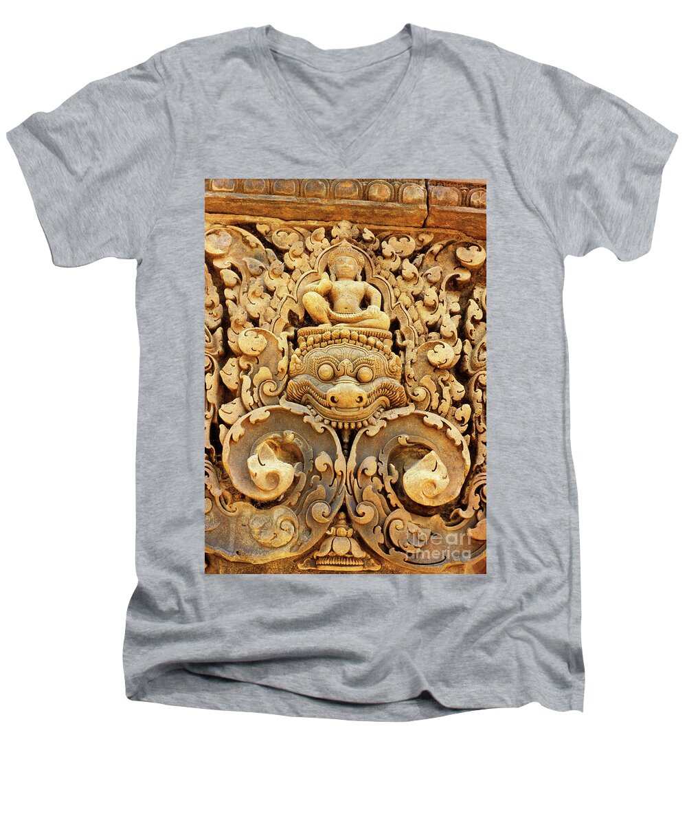 Banteay Men's V-Neck T-Shirt featuring the photograph Banteay Srei Carving 01 by Rick Piper Photography