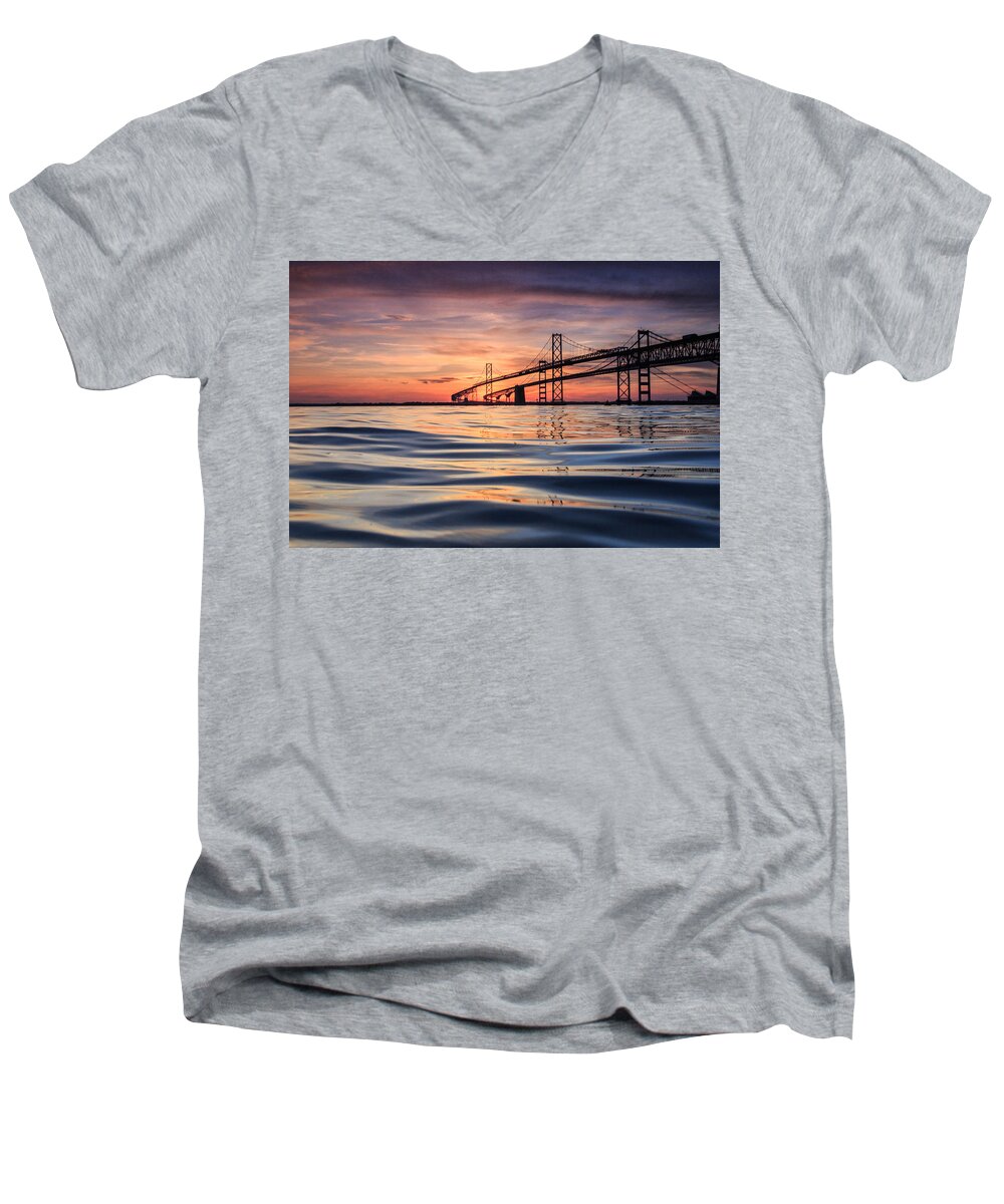 Bay Bridge Men's V-Neck T-Shirt featuring the photograph Bay Bridge Silk by Jennifer Casey