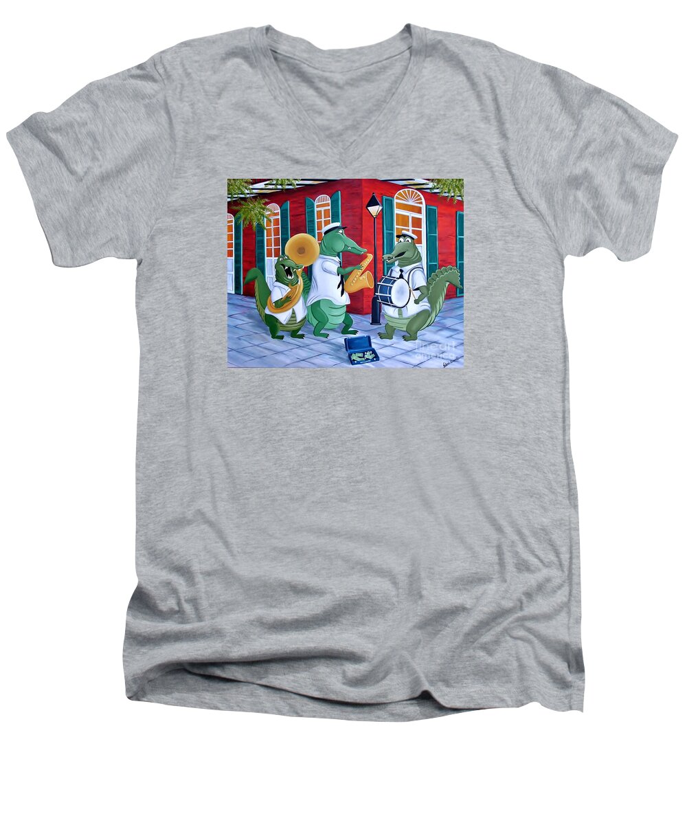 Louisiana Men's V-Neck T-Shirt featuring the painting Bayou Street Band by Valerie Carpenter