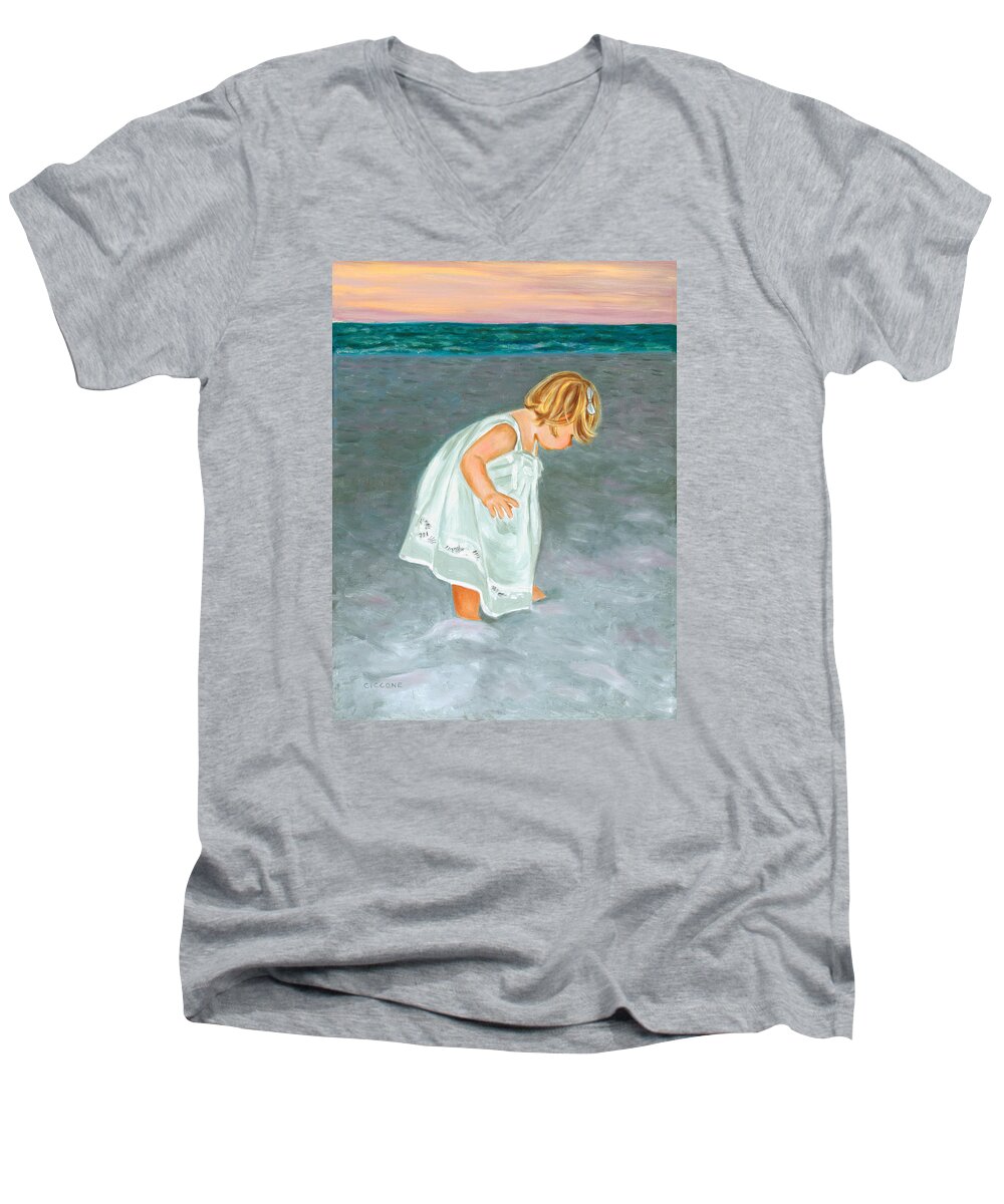 Beach Men's V-Neck T-Shirt featuring the painting Beach Baby in White by Jill Ciccone Pike