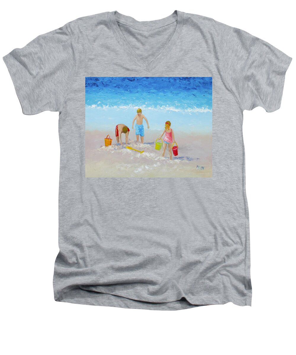 Beach Men's V-Neck T-Shirt featuring the painting Beach painting - Sandcastles by Jan Matson