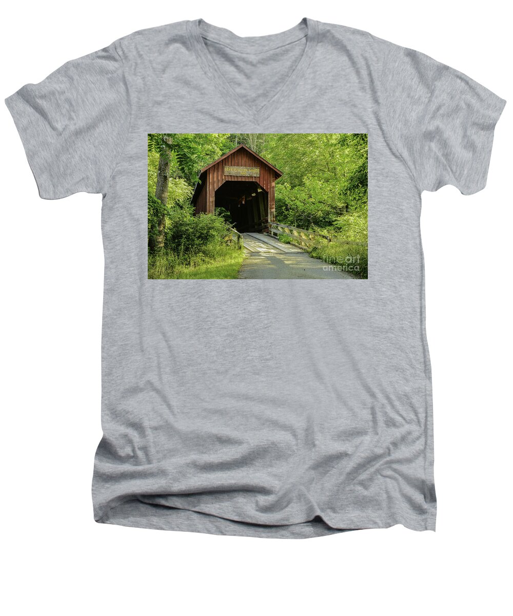 Architecture Men's V-Neck T-Shirt featuring the photograph Bean Blossom Covered Bridge by Mary Carol Story