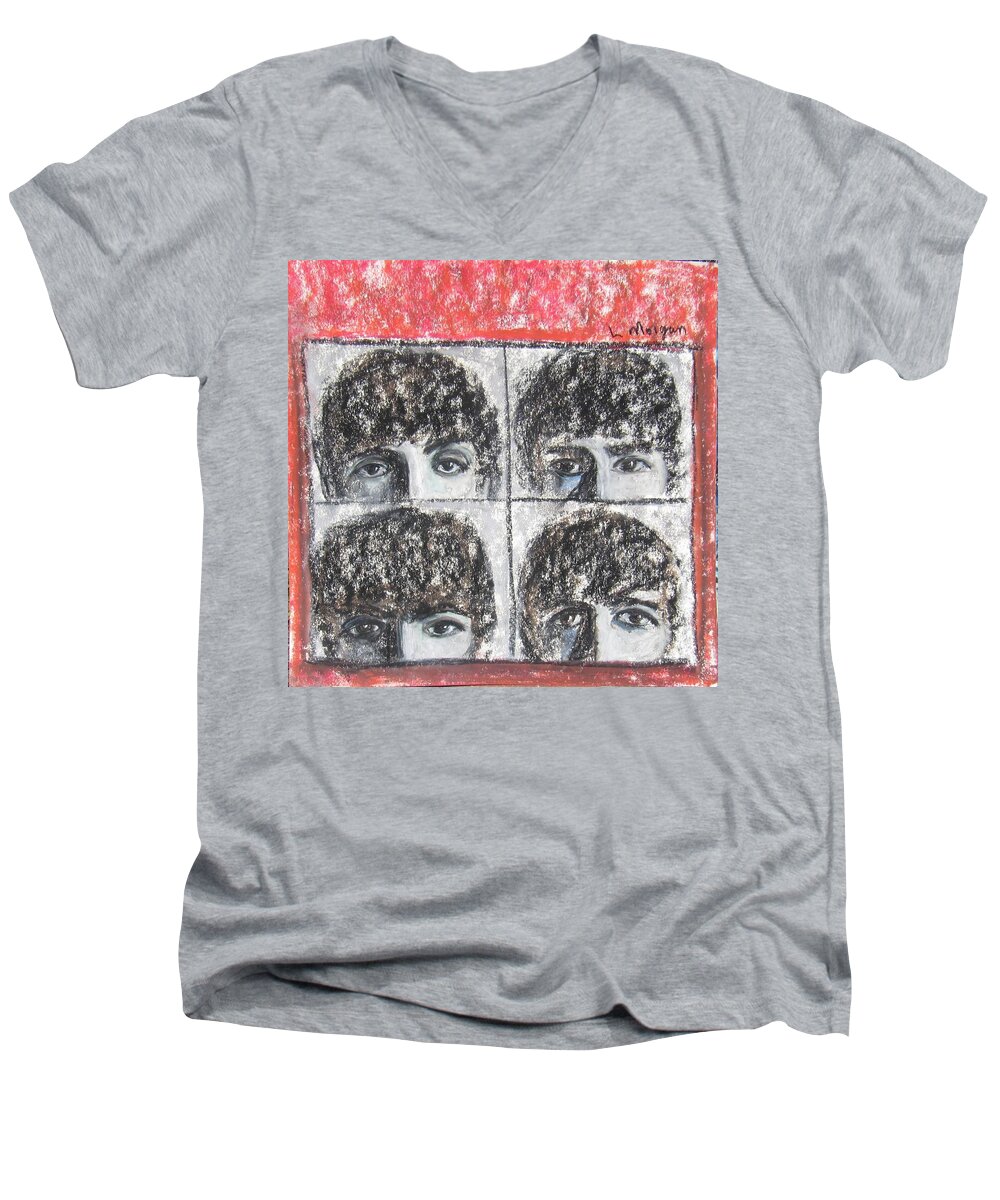 Beatles Men's V-Neck T-Shirt featuring the painting Beatles Hard Day's Night by Laurie Morgan