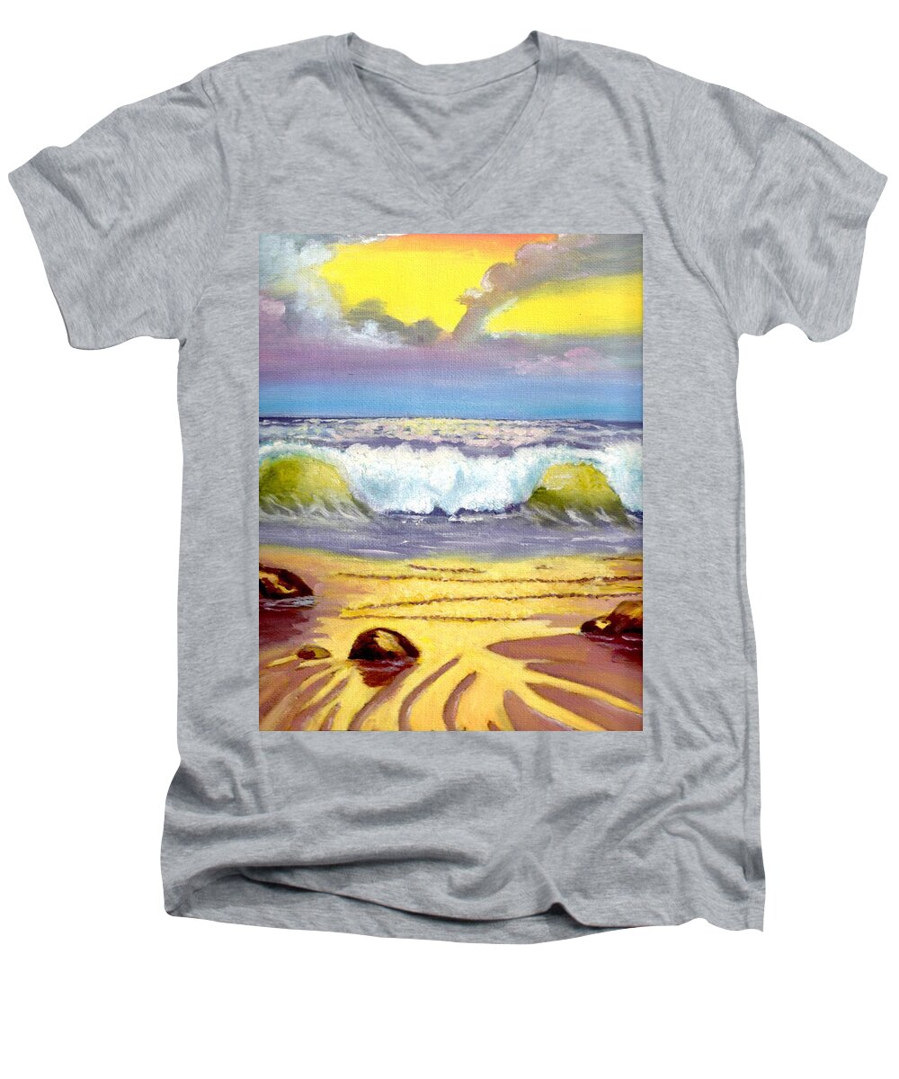 Landscapes Men's V-Neck T-Shirt featuring the painting Beautiful Beach by Cassy Allsworth