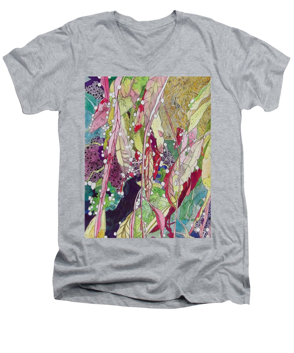 Pen And Ink Men's V-Neck T-Shirt featuring the mixed media Berries and Cactus by Terry Holliday