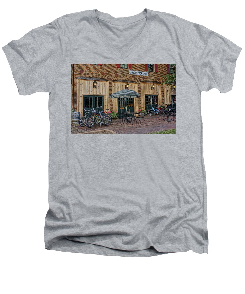 Bike Rental Men's V-Neck T-Shirt featuring the photograph Bike Shop Cafe Katty Trail St Charles MO DSC00860 by Greg Kluempers