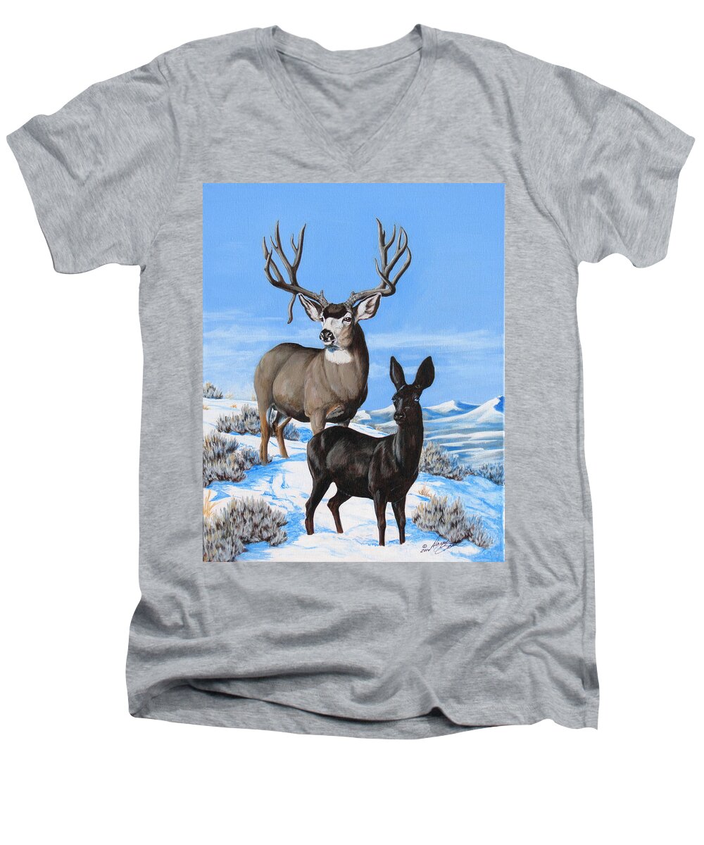 Mule Deer Men's V-Neck T-Shirt featuring the painting Black and White by Darcy Tate